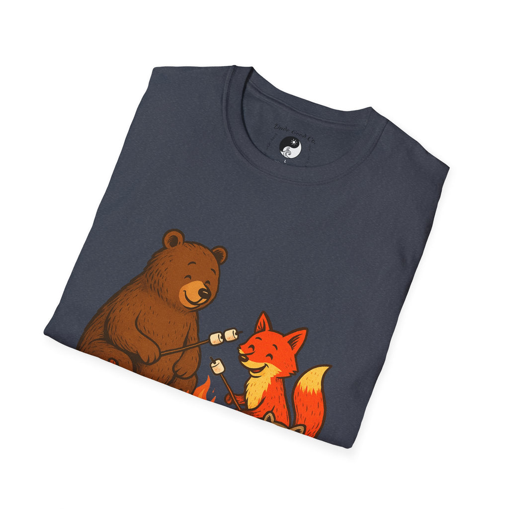 Campfire S'more Woodland Friends T-Shirt — Teens & Adults— Bear, Fox, Squirrel & Raccoon Roasting Marshmallows Graphic Tee