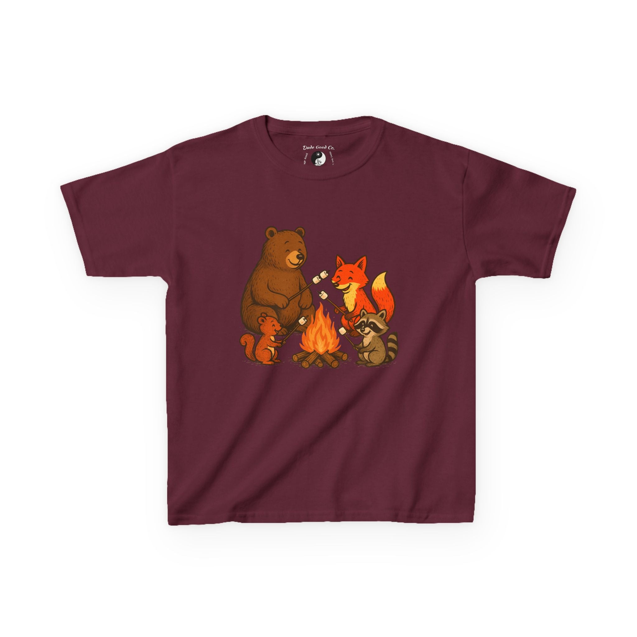Kids Campfire S'more Woodland Friends T-Shirt — Bear, Fox, Squirrel & Raccoon Roasting Marshmallows Graphic Tee