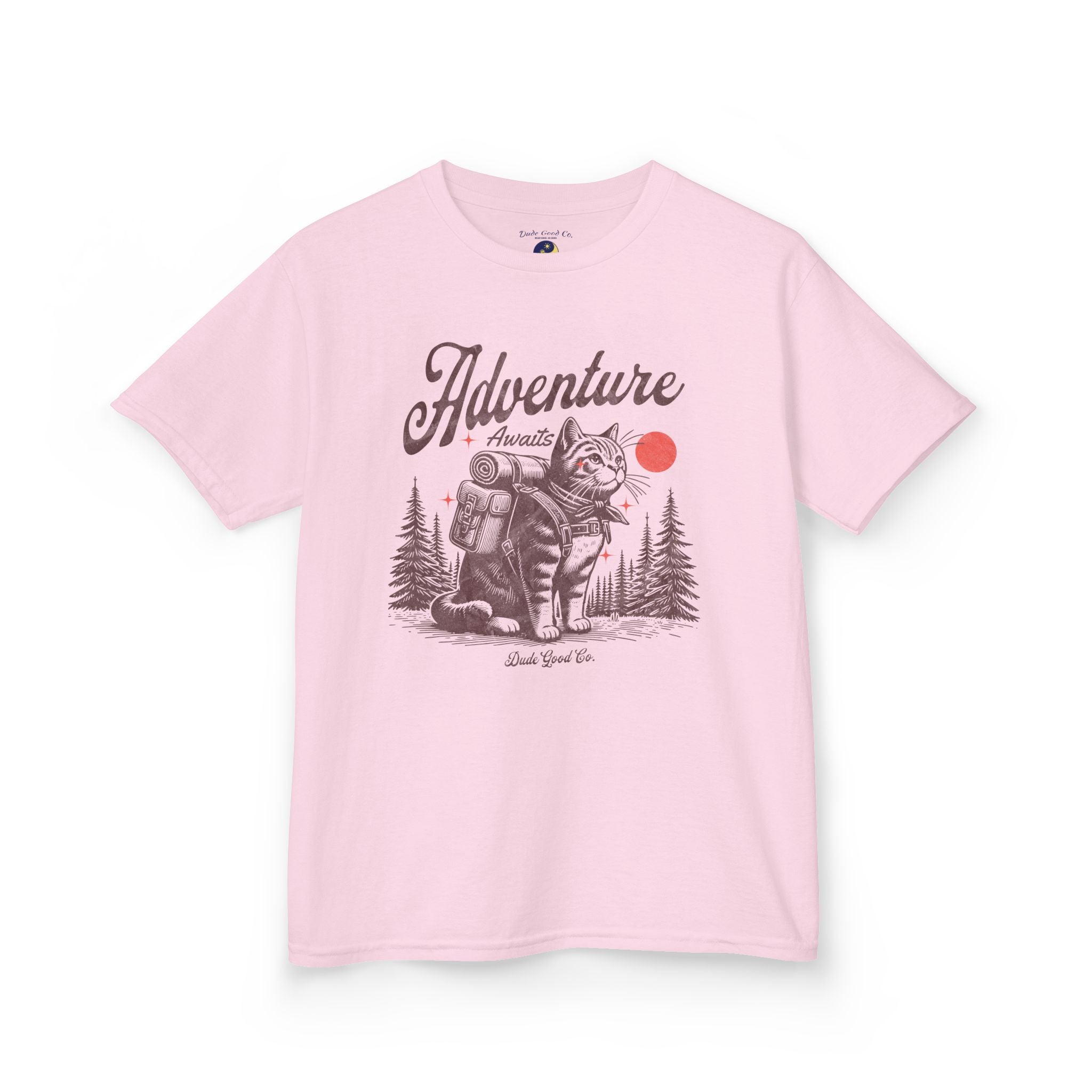 Cat Adventure Backpacking Tee — Fun 'Adventure Awaits' Cat Hiking Graphic T-shirt sizes 5-14