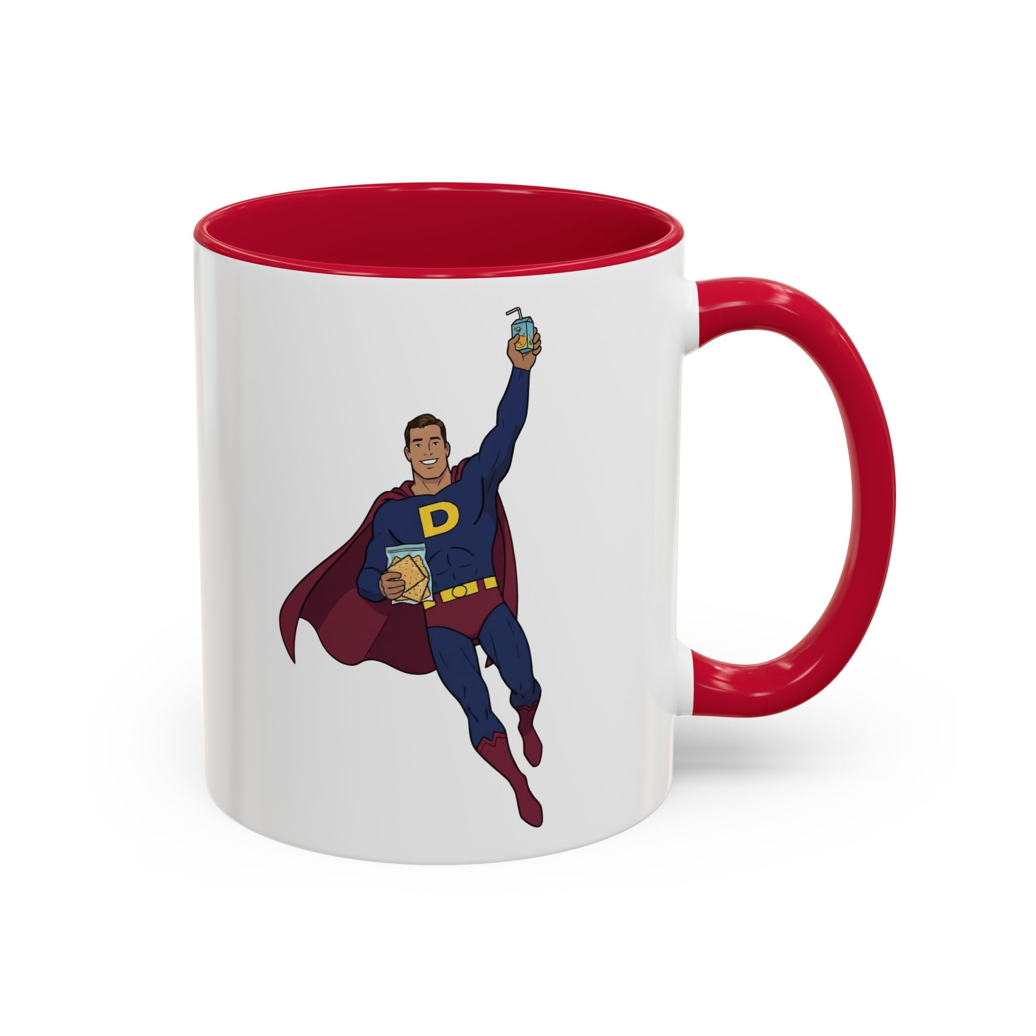 Real Super Heros Bring Snacks! Super D Hot Chocolate/Coffee Mug: 12 Colors 11oz/15oz Ceramic Mug, Superhero Dude, Dad or D initial "D"