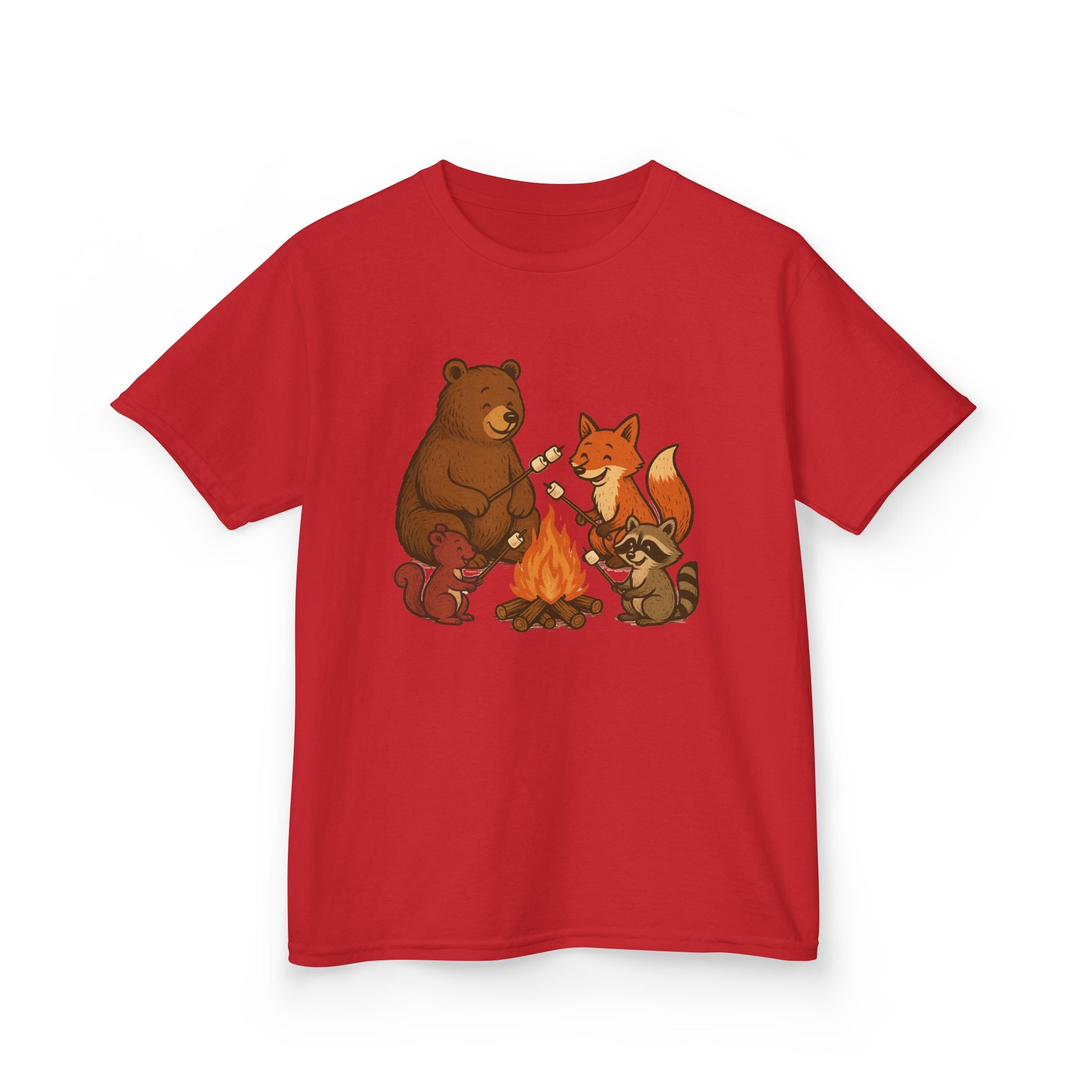 Campfire S’more Woodland Friends T-Shirt — Bear, Fox, Squirrel & Raccoon Roasting Marshmallows Graphic Tee (Sizes 5-14)