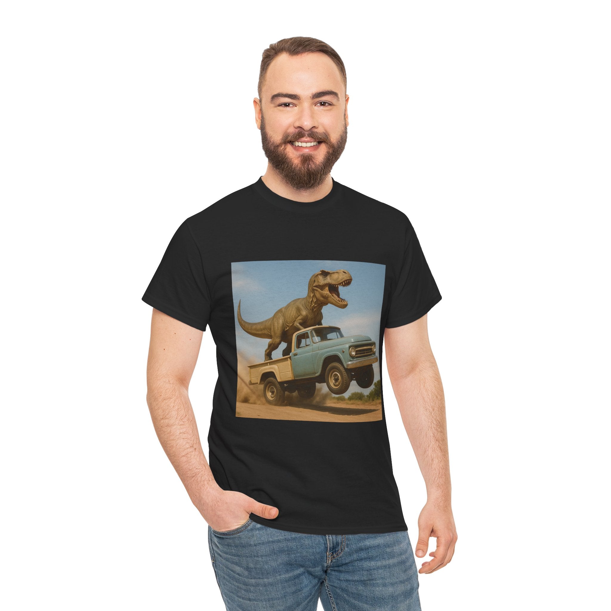 T-Rex Dinosaur Retro Truck Dinosaur  Adventure T‑Shirt—17 Colors—Mens/Older Teen Boy
