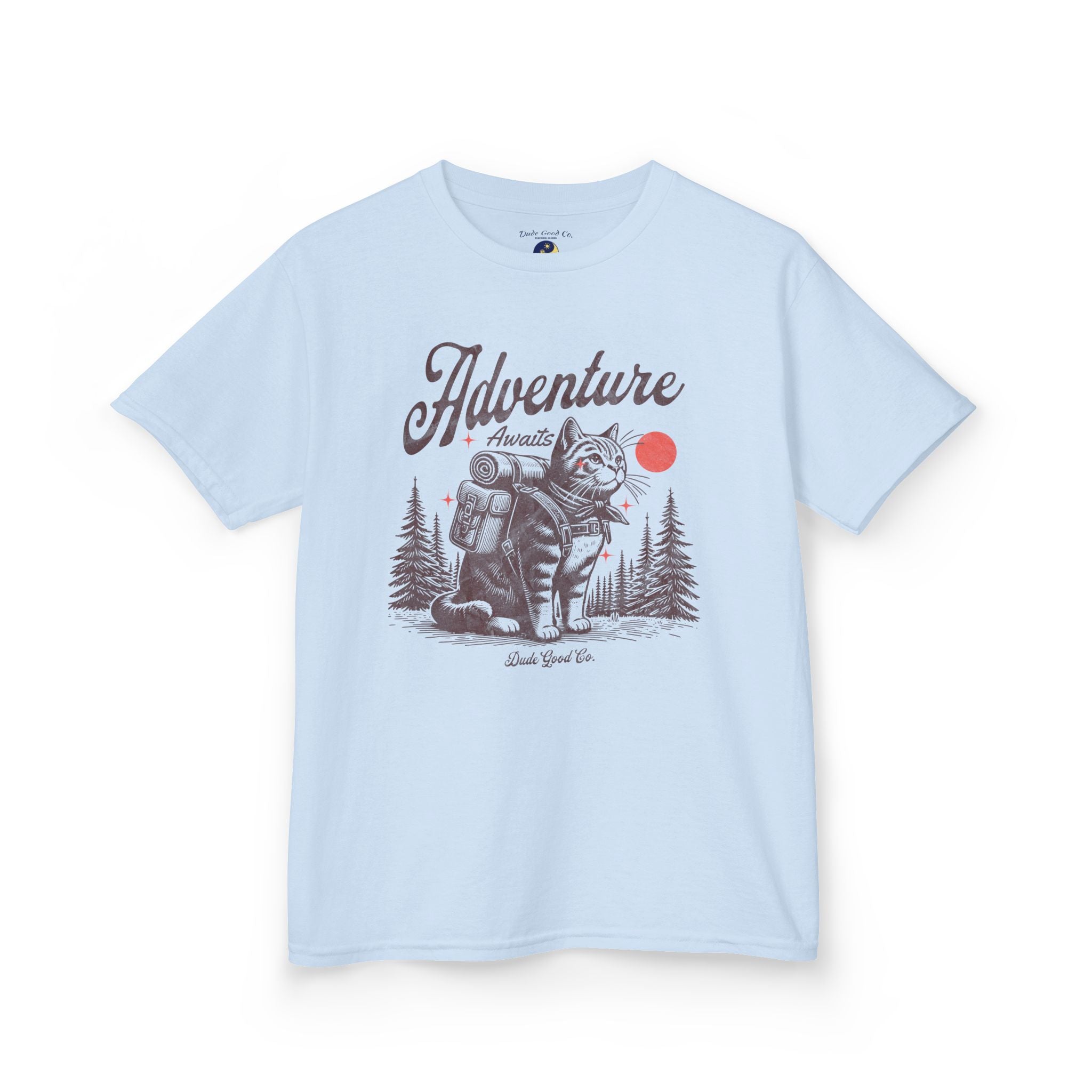 Cat Adventure Backpacking Tee — Fun 'Adventure Awaits' Cat Hiking Graphic T-shirt sizes 5-14