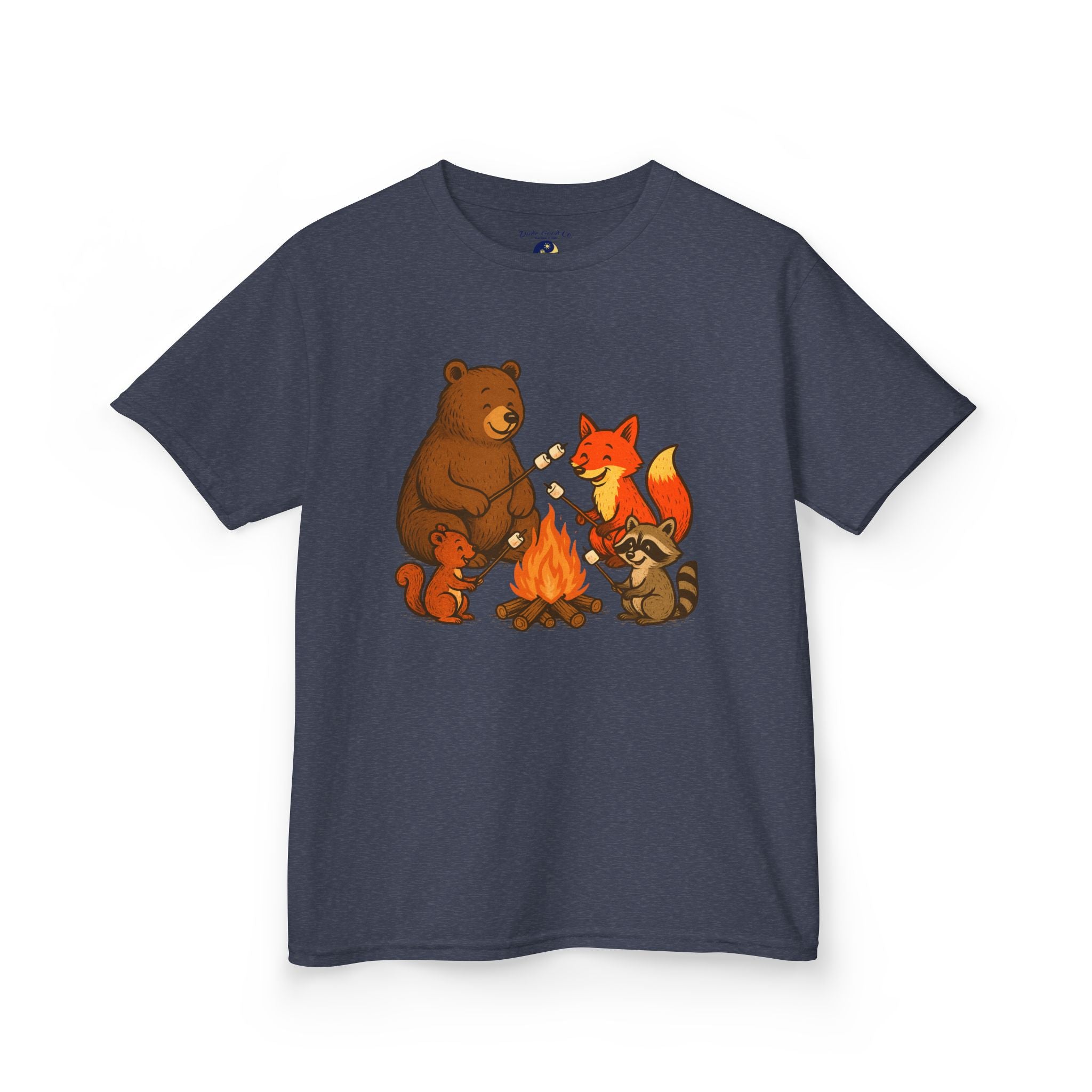 Campfire S’more Woodland Friends T-Shirt — Bear, Fox, Squirrel & Raccoon Roasting Marshmallows Graphic Tee (Sizes 5-14)