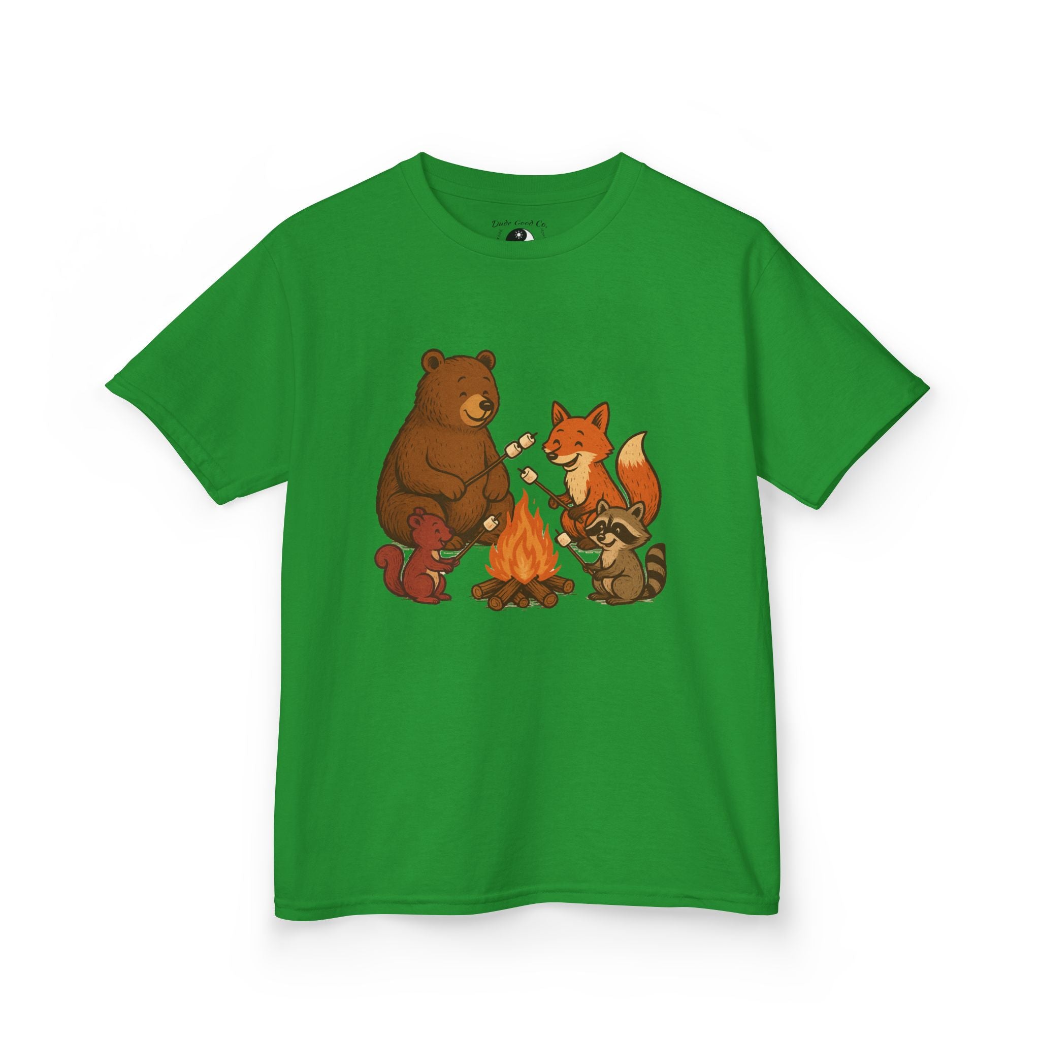 Kids Campfire S'more Woodland Friends T-Shirt — Bear, Fox, Squirrel & Raccoon Roasting Marshmallows Graphic Tee