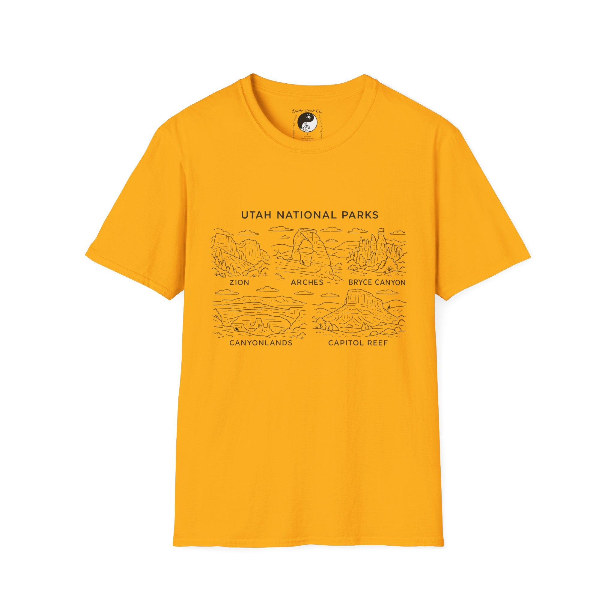 Utah Big 5 National Parks Tee--Teen/Adult Sizes S-5X:  Zion, Arches, Bryce Canyon, Canyonlands, Capitol Reef Line Art T-Shirt