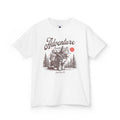 Cat Adventure Backpacking Tee — Fun 'Adventure Awaits' Cat Hiking Graphic T-shirt sizes 5-14