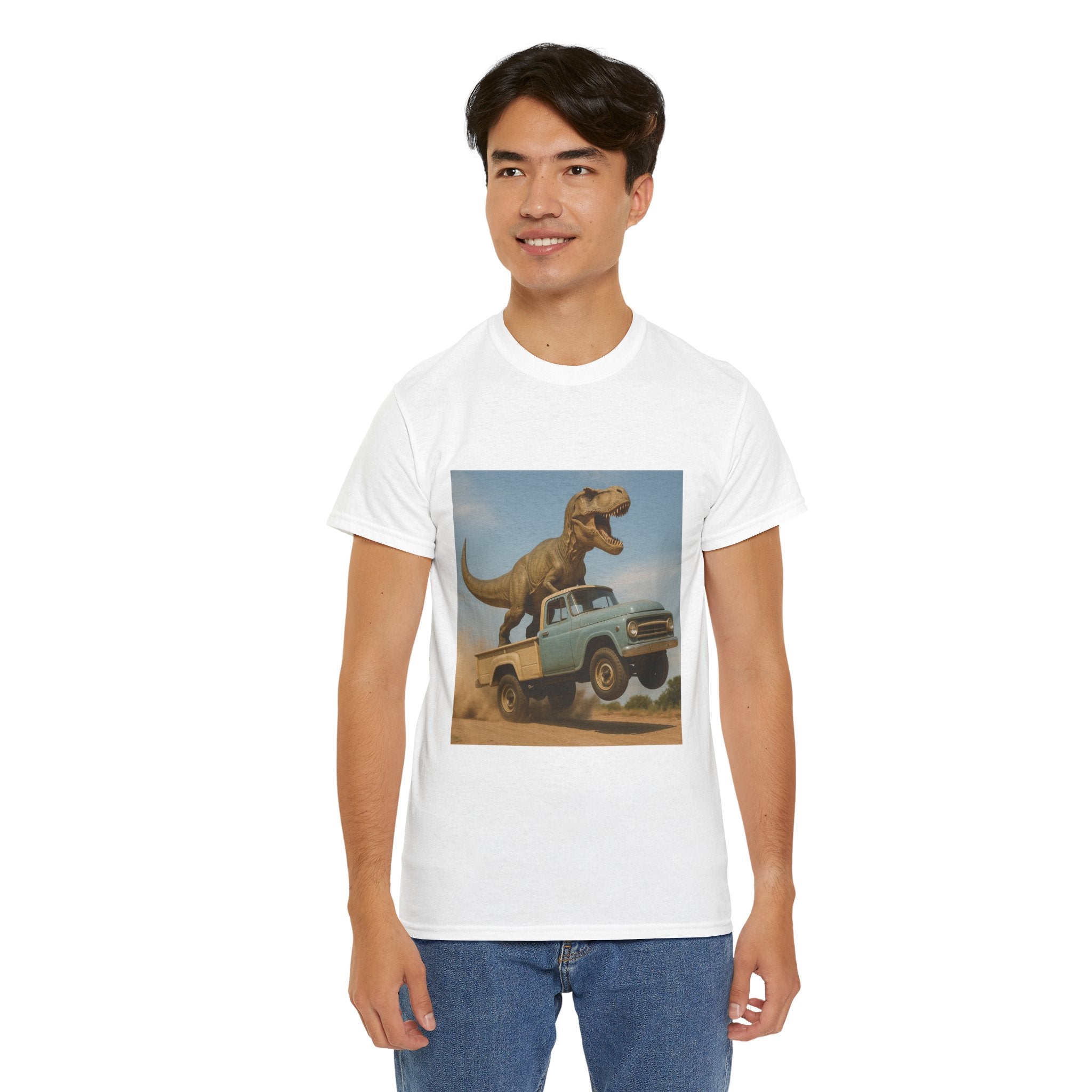 T-Rex Dinosaur Retro Truck Dinosaur  Adventure T‑Shirt—17 Colors—Mens/Older Teen Boy