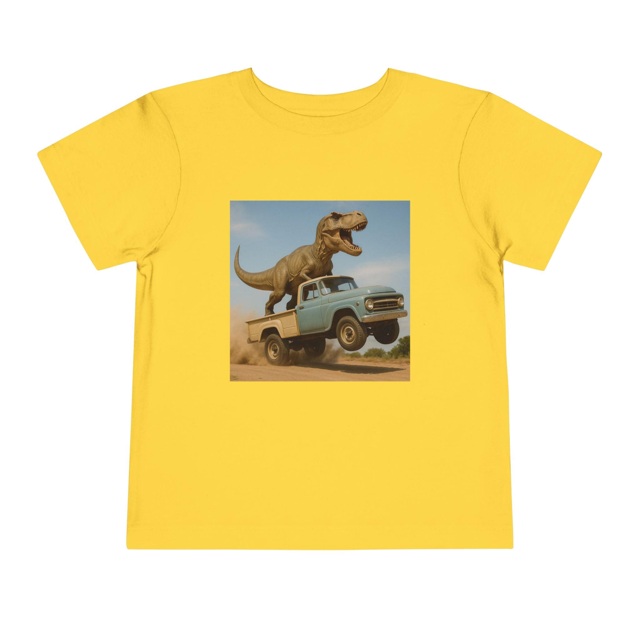 2T-5T T-Rex Riding Vintage Pickup Adventure T-shirt— Dino Imagination Graphic Shirt