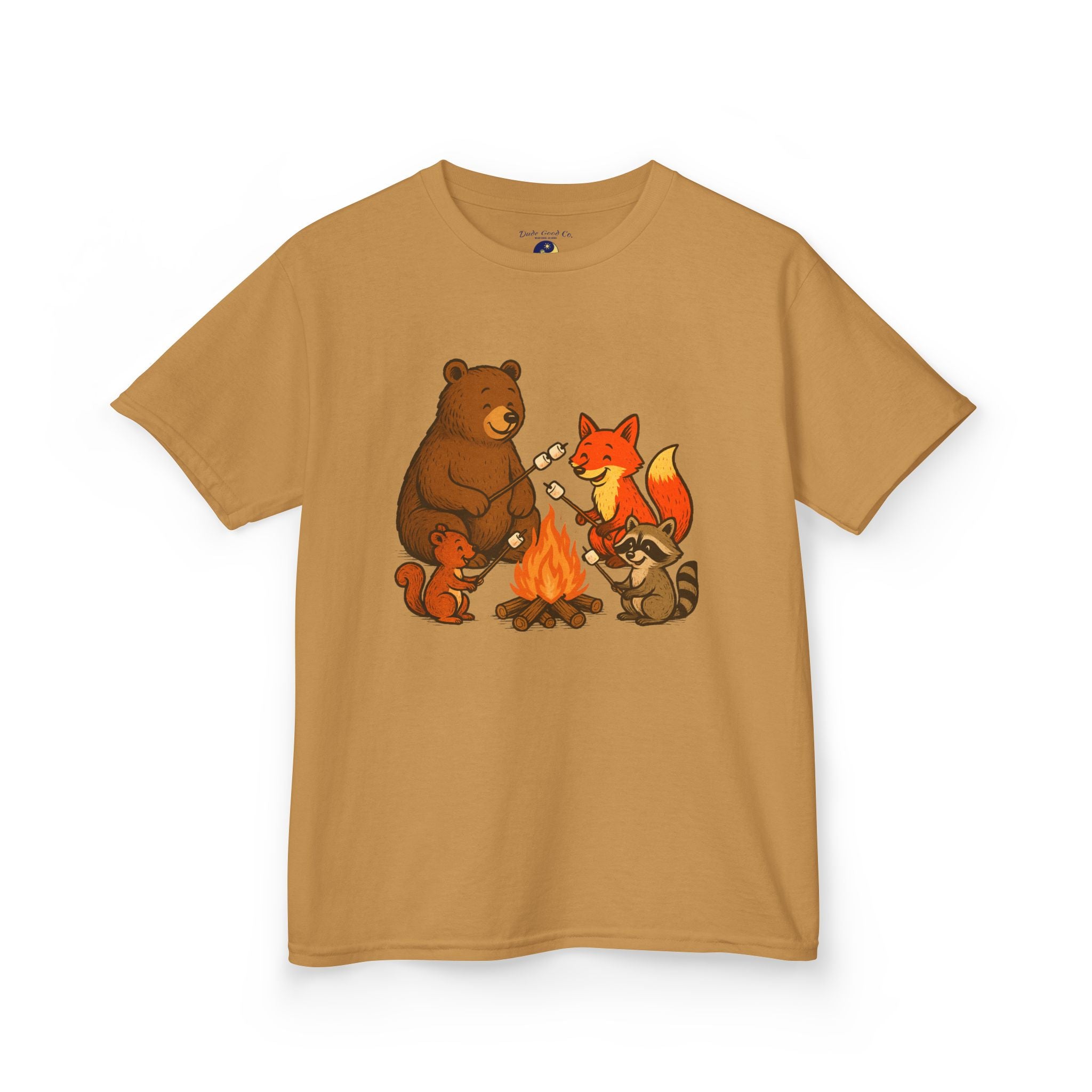 Campfire S’more Woodland Friends T-Shirt — Bear, Fox, Squirrel & Raccoon Roasting Marshmallows Graphic Tee (Sizes 5-14)
