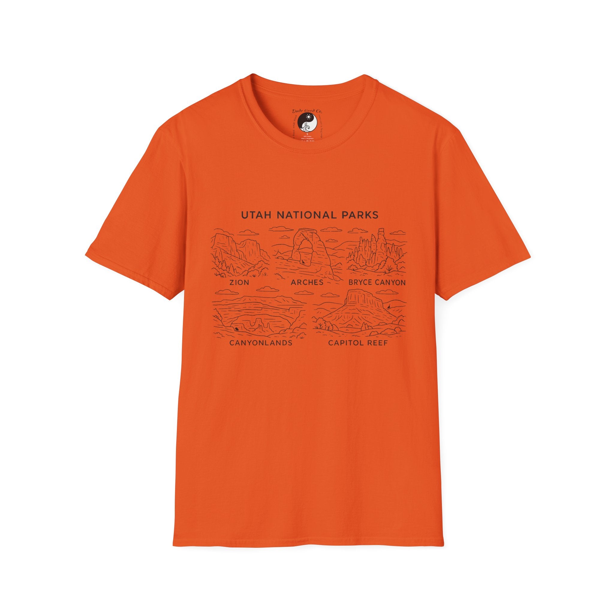 Utah Big 5 National Parks Tee--Teen/Adult Sizes S-5X:  Zion, Arches, Bryce Canyon, Canyonlands, Capitol Reef Line Art T-Shirt