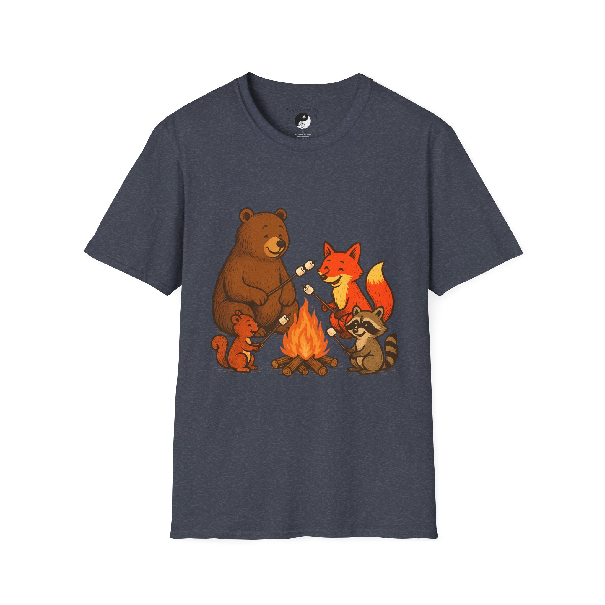 Campfire S'more Woodland Friends T-Shirt — Teens & Adults— Bear, Fox, Squirrel & Raccoon Roasting Marshmallows Graphic Tee