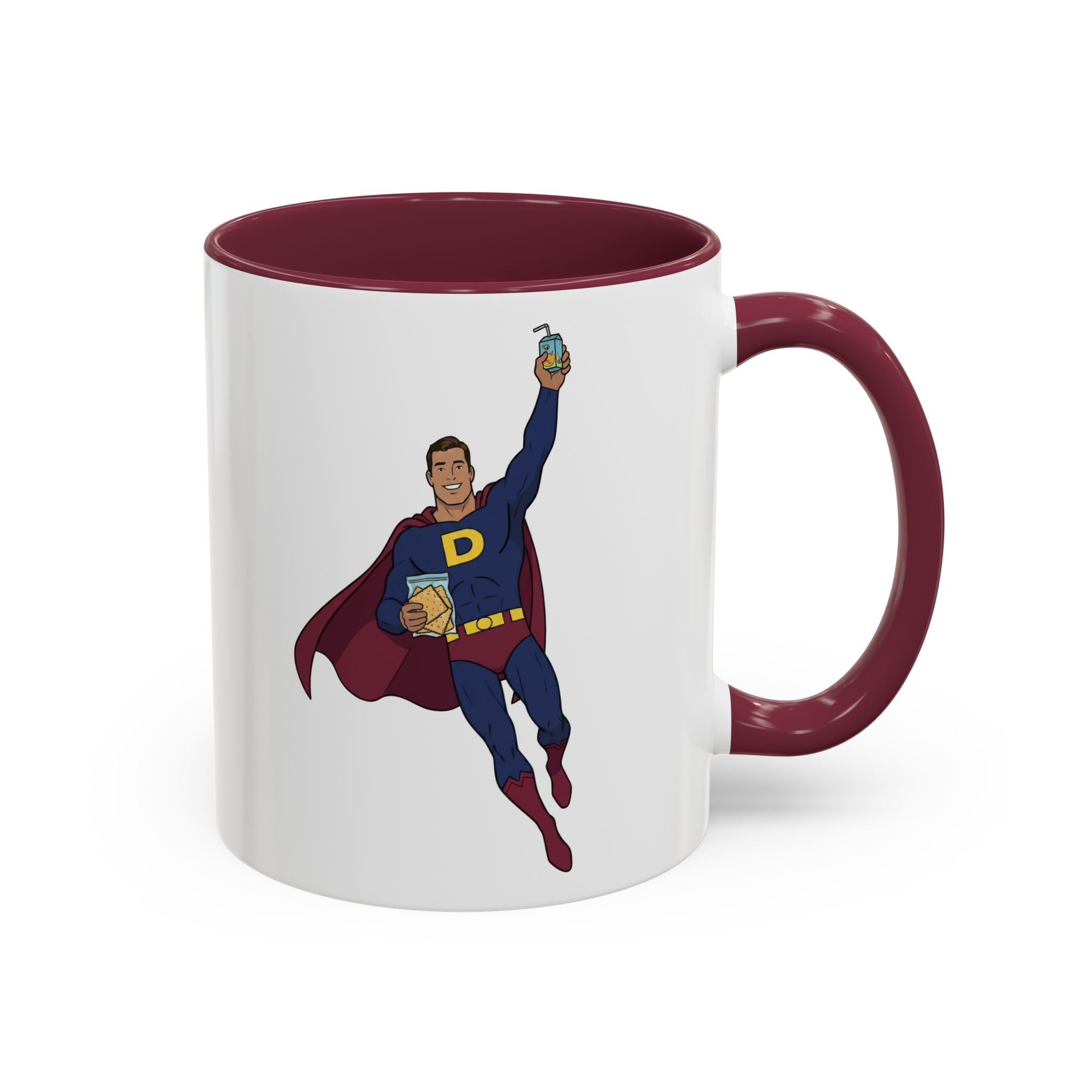 Real Super Heros Bring Snacks! Super D Hot Chocolate/Coffee Mug: 12 Colors 11oz/15oz Ceramic Mug, Superhero Dude, Dad or D initial "D"