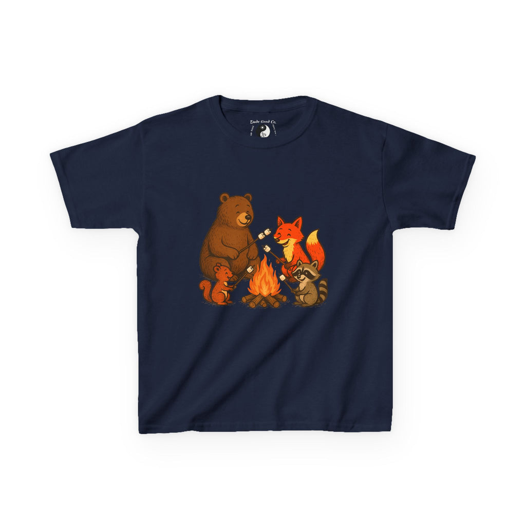 Kids Campfire S'more Woodland Friends T-Shirt — Bear, Fox, Squirrel & Raccoon Roasting Marshmallows Graphic Tee