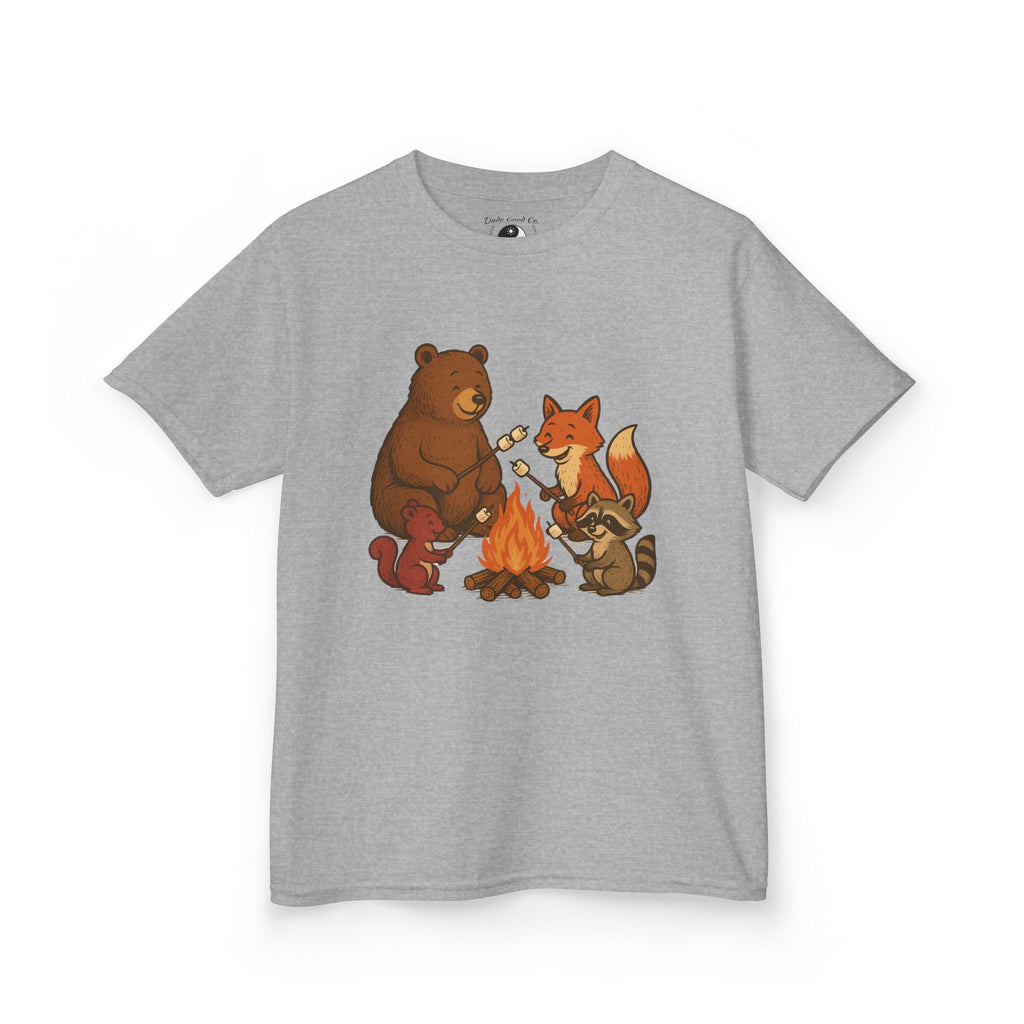 Kids Campfire S'more Woodland Friends T-Shirt — Bear, Fox, Squirrel & Raccoon Roasting Marshmallows Graphic Tee