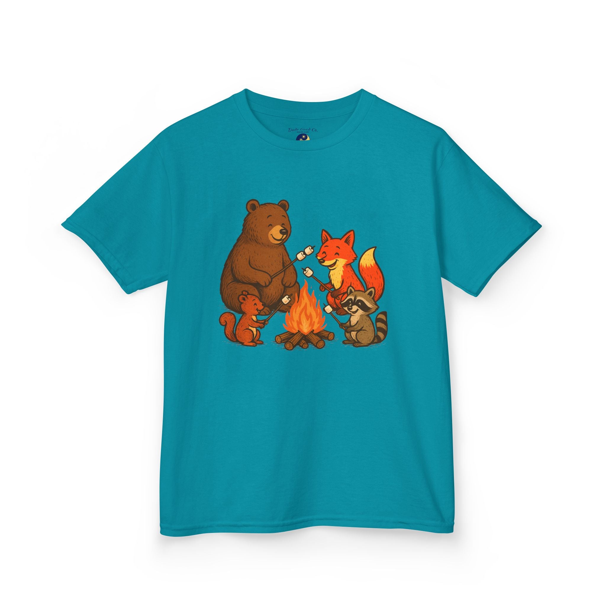Campfire S’more Woodland Friends T-Shirt — Bear, Fox, Squirrel & Raccoon Roasting Marshmallows Graphic Tee (Sizes 5-14)