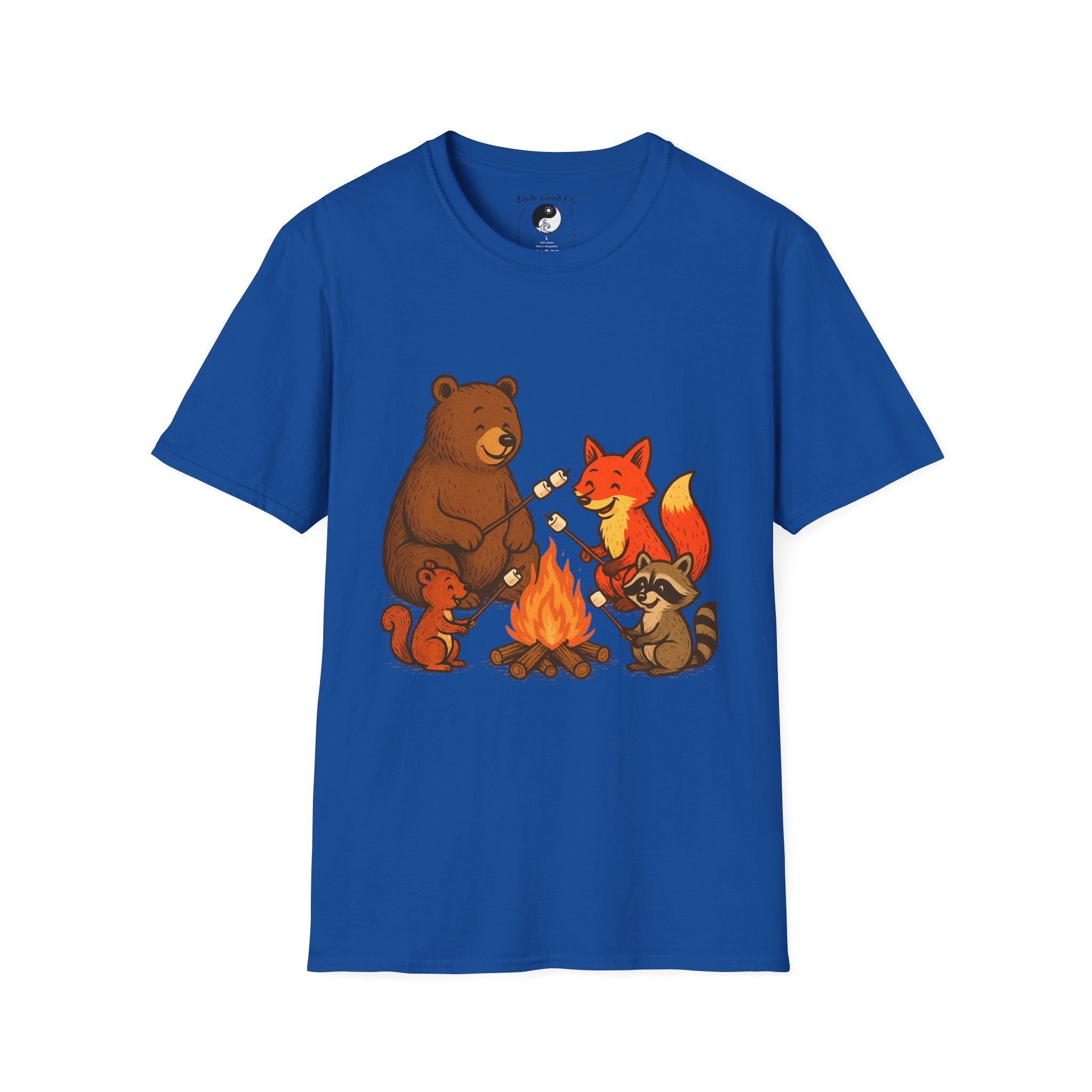 Campfire S'more Woodland Friends T-Shirt — Bear, Fox, Squirrel & Raccoon Roasting Marshmallows Graphic Tee—Mens/Older Teen Boy