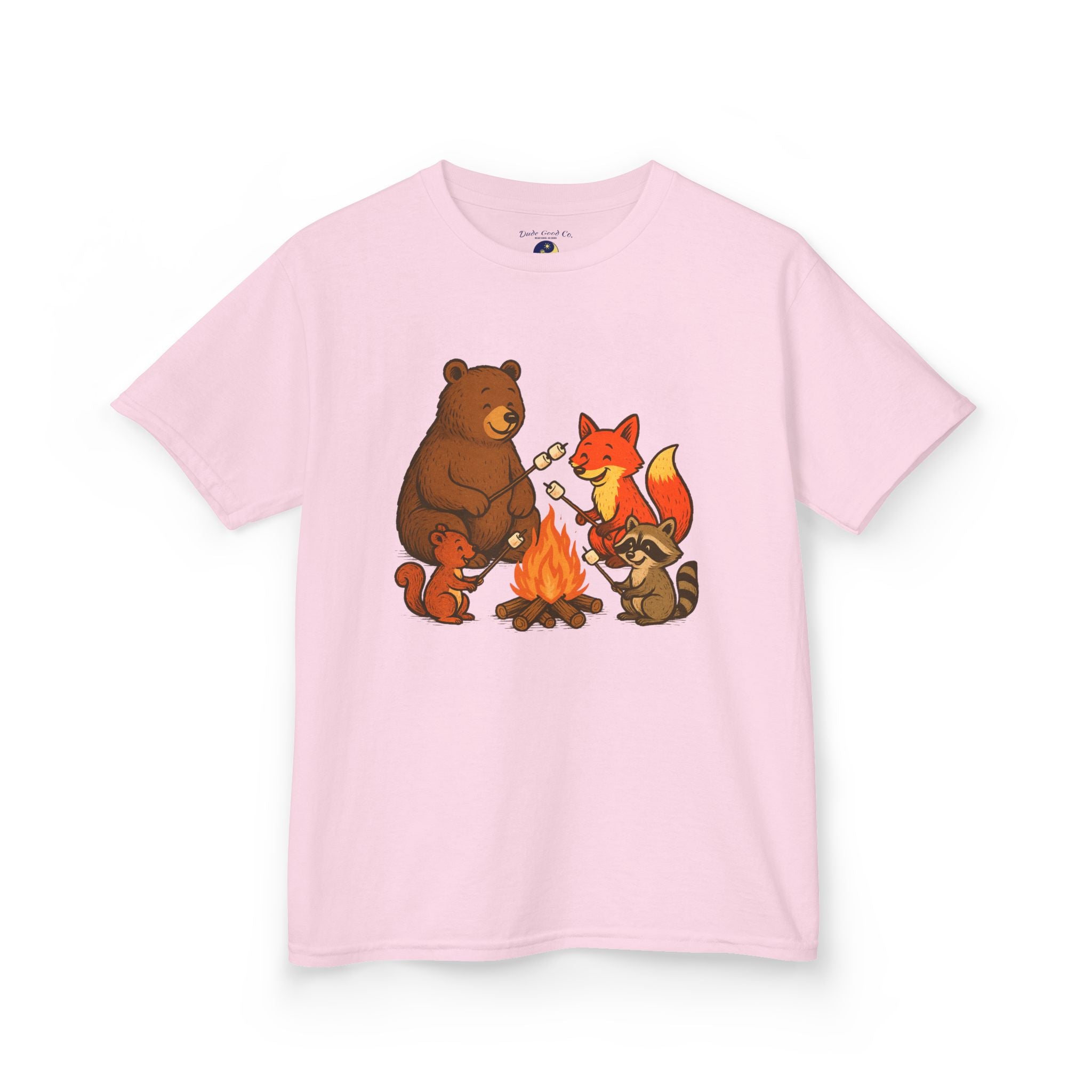 Campfire S’more Woodland Friends T-Shirt — Bear, Fox, Squirrel & Raccoon Roasting Marshmallows Graphic Tee (Sizes 5-14)