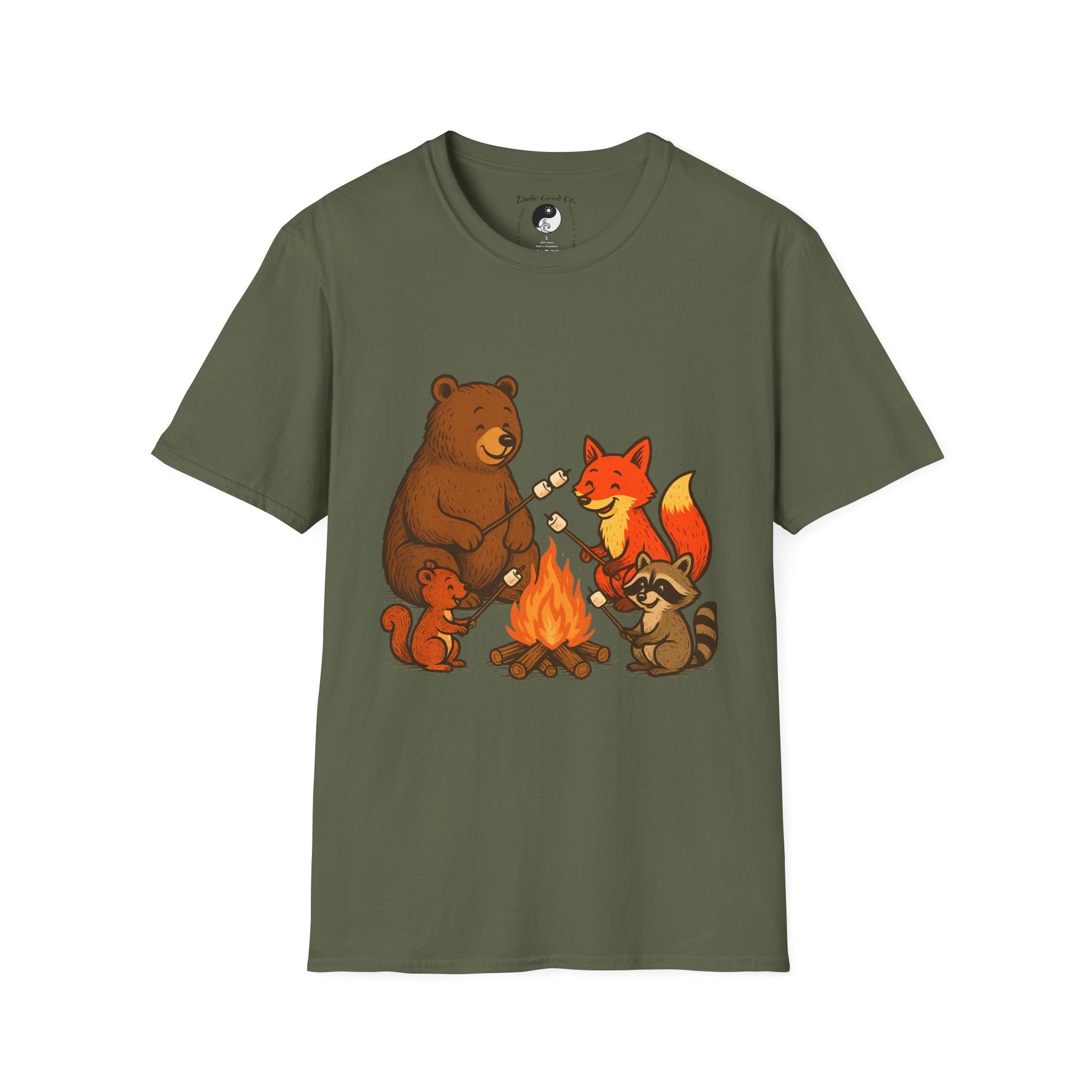 Campfire S'more Woodland Friends T-Shirt — Bear, Fox, Squirrel & Raccoon Roasting Marshmallows Graphic Tee—Mens/Older Teen Boy