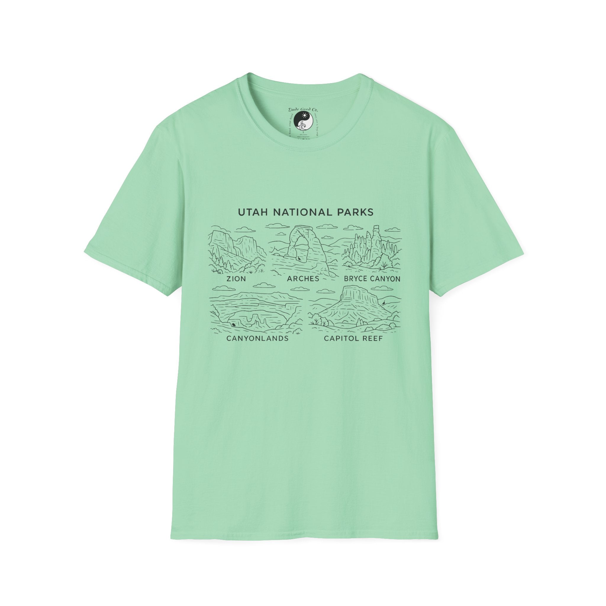 Utah Big 5 National Parks Tee--Teen/Adult Sizes S-5X:  Zion, Arches, Bryce Canyon, Canyonlands, Capitol Reef Line Art T-Shirt