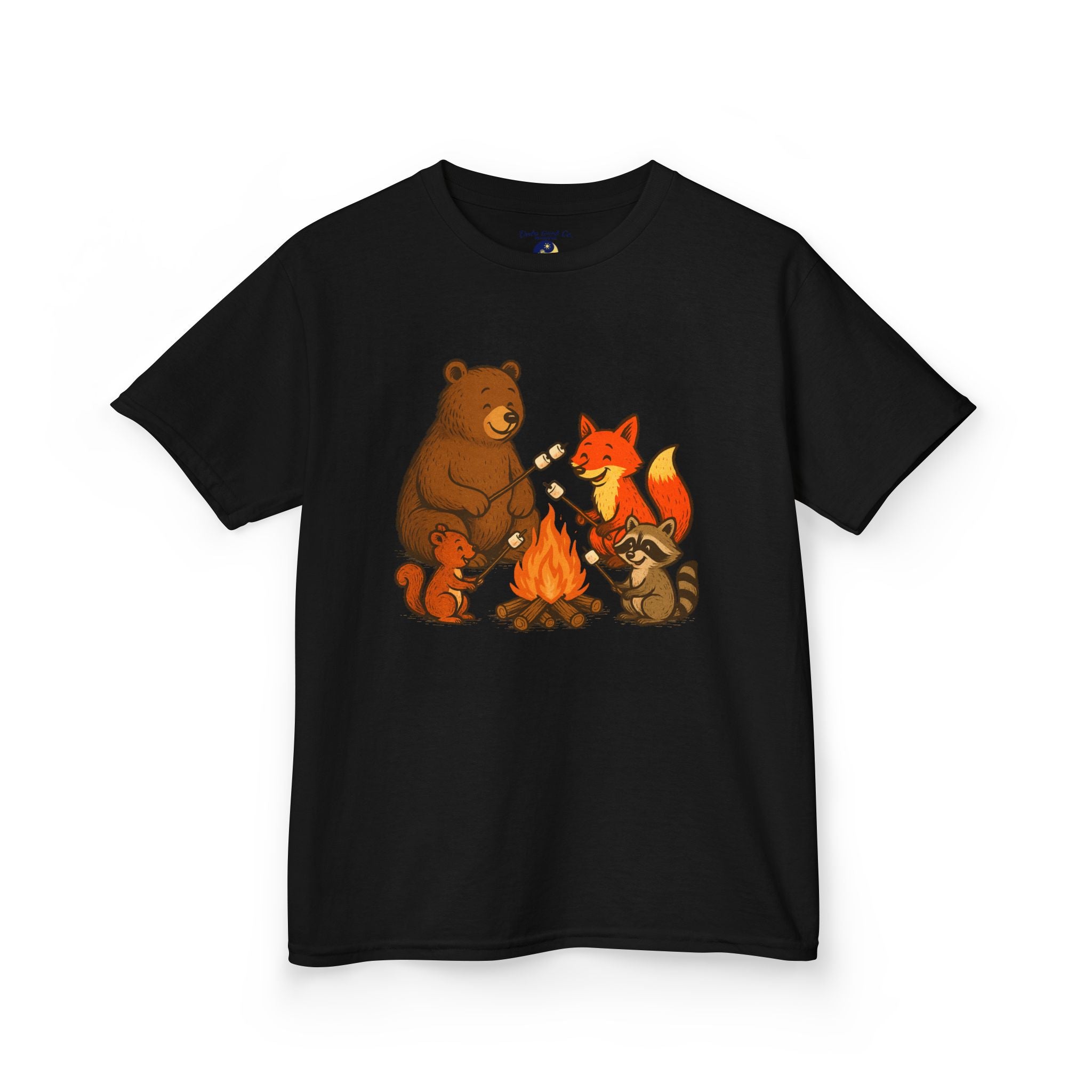 Campfire S’more Woodland Friends T-Shirt — Bear, Fox, Squirrel & Raccoon Roasting Marshmallows Graphic Tee (Sizes 5-14)