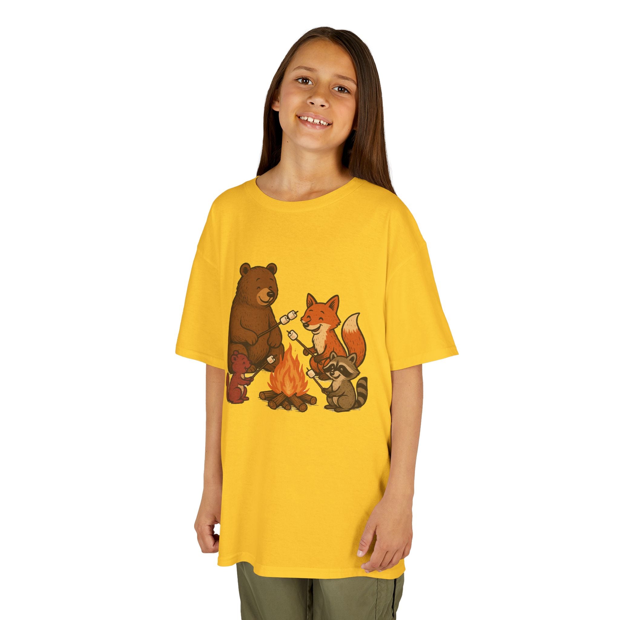 Kids Campfire S'more Woodland Friends T-Shirt — Bear, Fox, Squirrel & Raccoon Roasting Marshmallows Graphic Tee