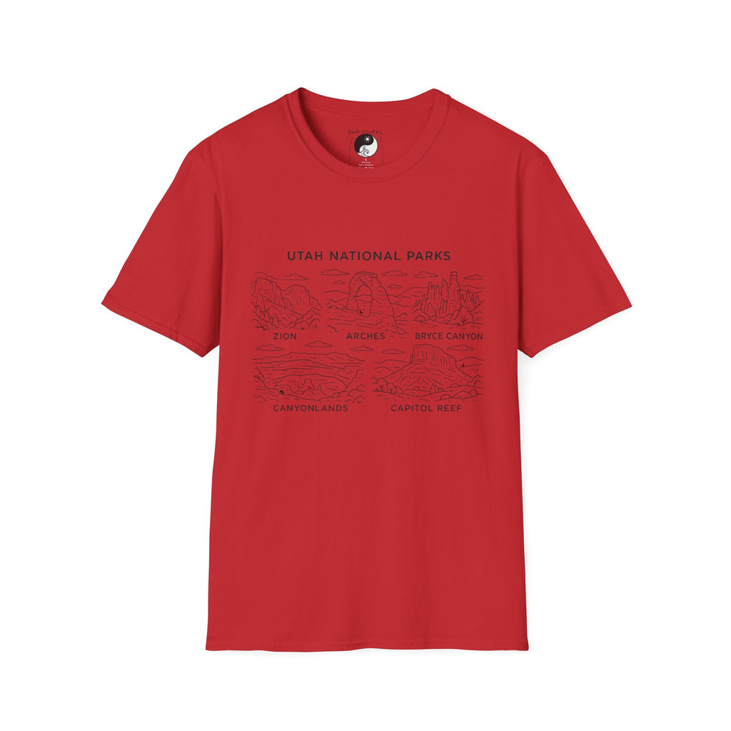 Utah Big 5 National Parks Tee--Teen/Adult Sizes S-5X:  Zion, Arches, Bryce Canyon, Canyonlands, Capitol Reef Line Art T-Shirt
