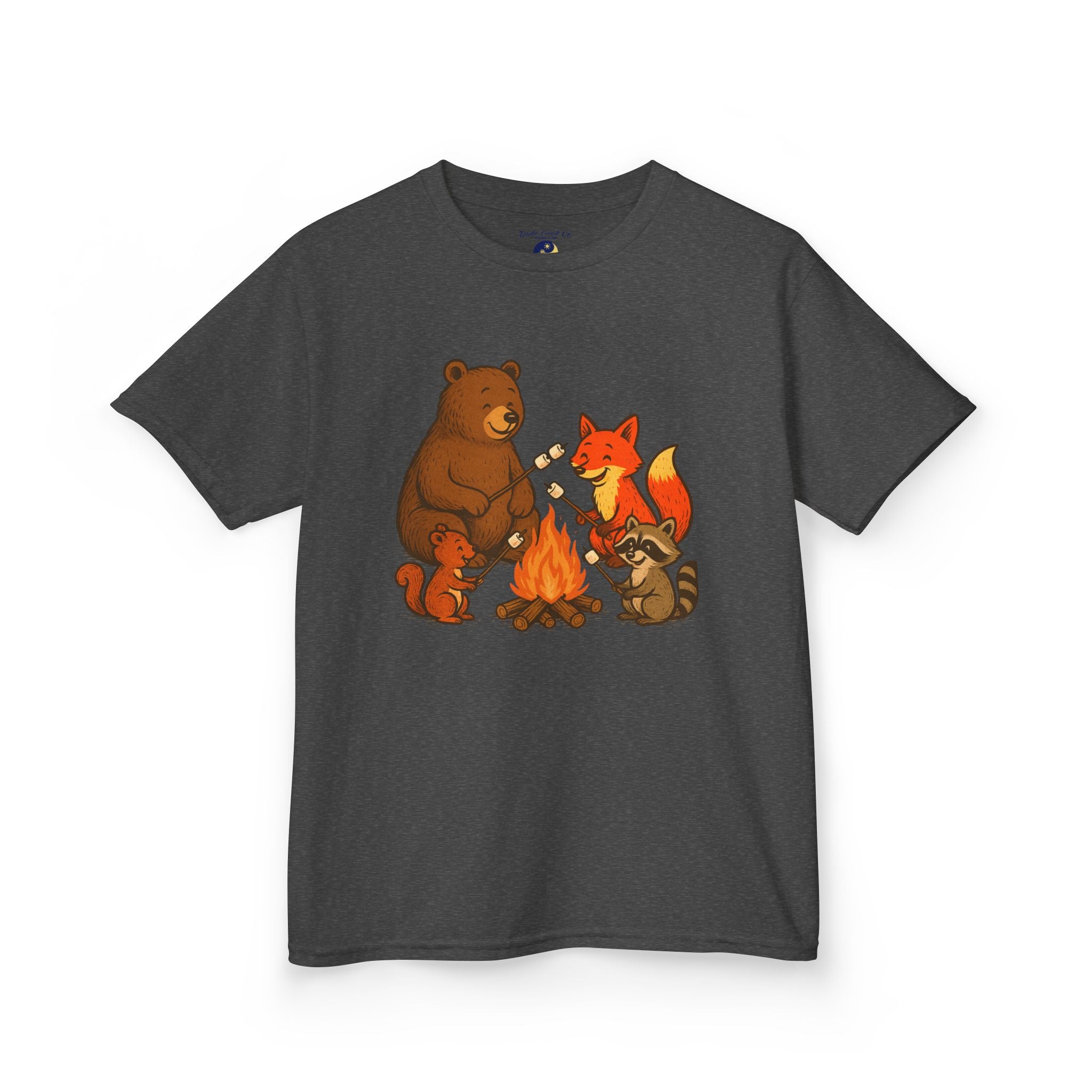Campfire S’more Woodland Friends T-Shirt — Bear, Fox, Squirrel & Raccoon Roasting Marshmallows Graphic Tee (Sizes 5-14)