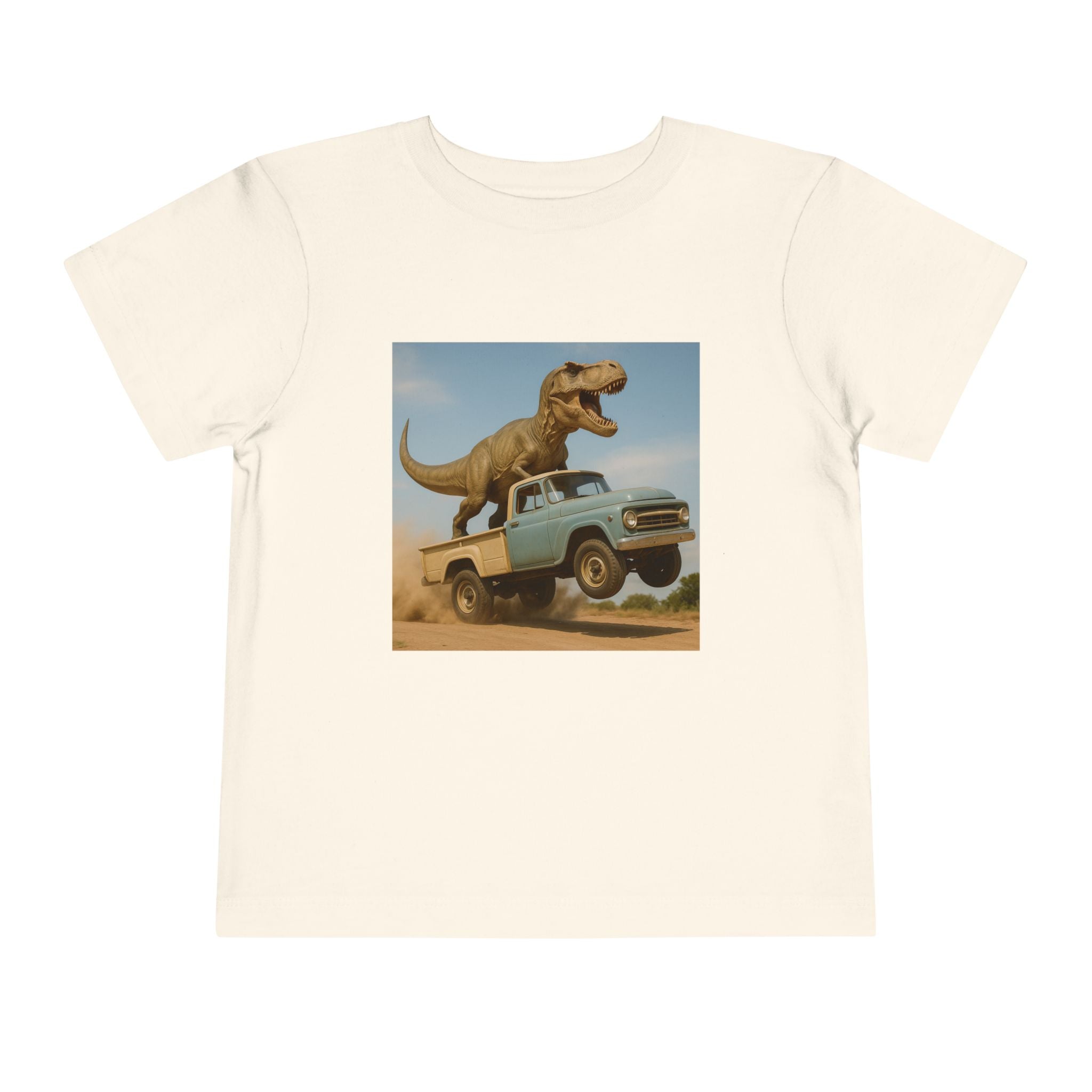 2T-5T T-Rex Riding Vintage Pickup Adventure T-shirt— Dino Imagination Graphic Shirt