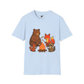 Campfire S'more Woodland Friends T-Shirt — Teens & Adults— Bear, Fox, Squirrel & Raccoon Roasting Marshmallows Graphic Tee