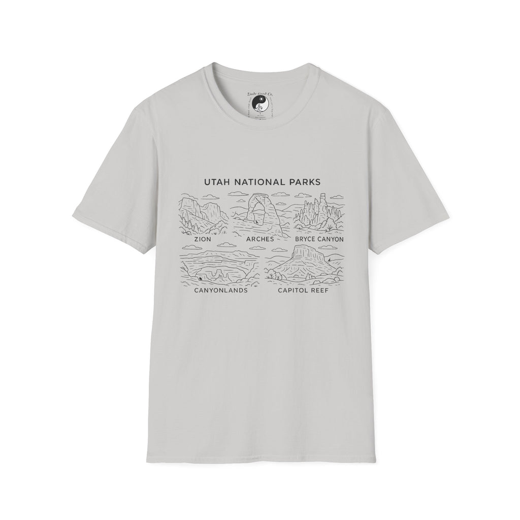 Utah Big 5 National Parks Tee--Teen/Adult Sizes S-5X:  Zion, Arches, Bryce Canyon, Canyonlands, Capitol Reef Line Art T-Shirt