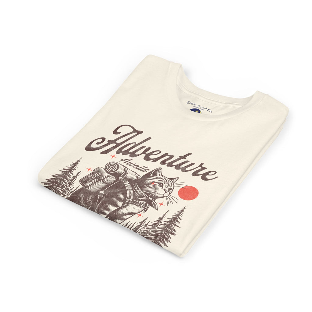 Youth Adventure Cat Tee— Adventure Awaits Graphic Kid's Shirt—Boy & Teens 5-14