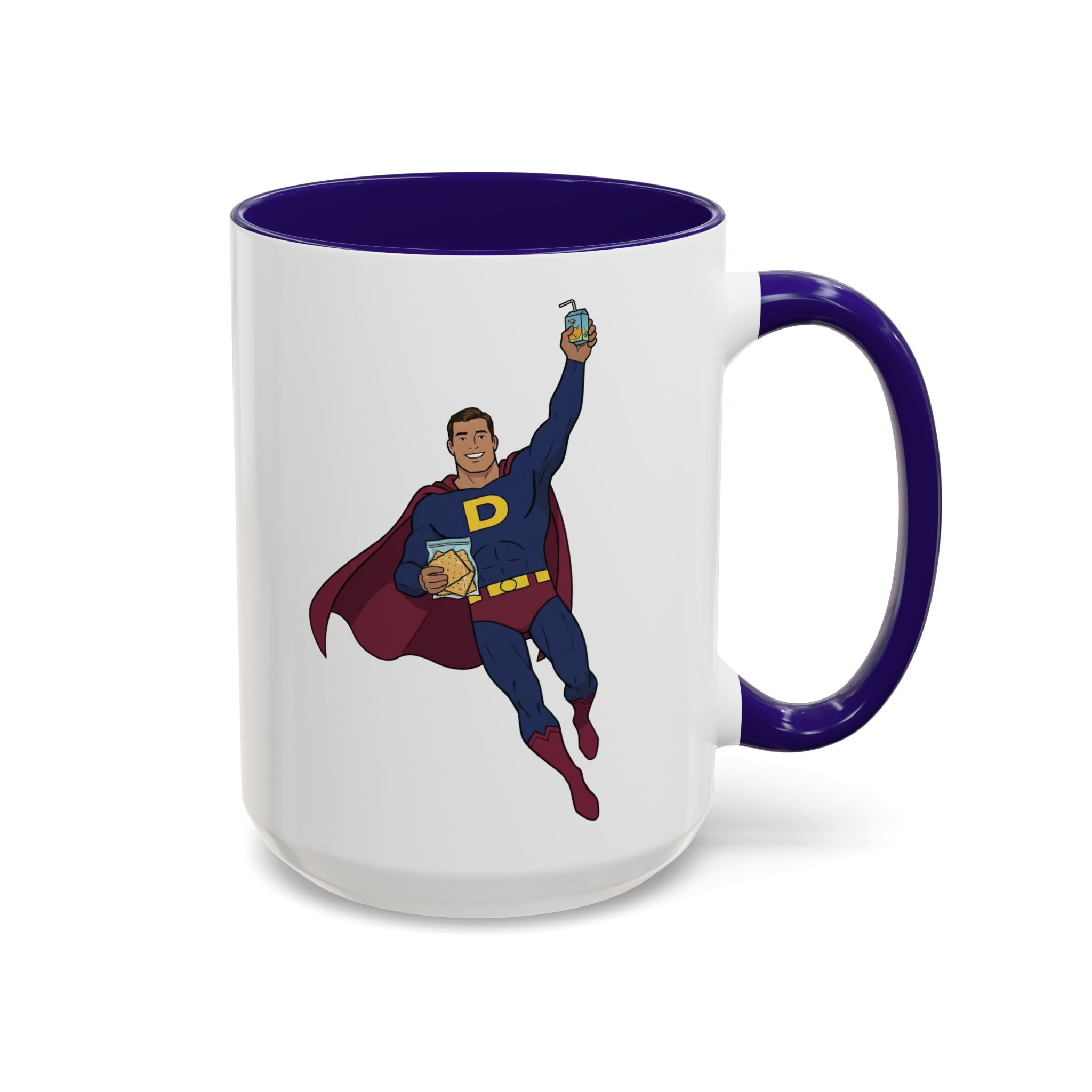 Real Super Heros Bring Snacks! Super D Hot Chocolate/Coffee Mug: 12 Colors 11oz/15oz Ceramic Mug, Superhero Dude, Dad or D initial "D"