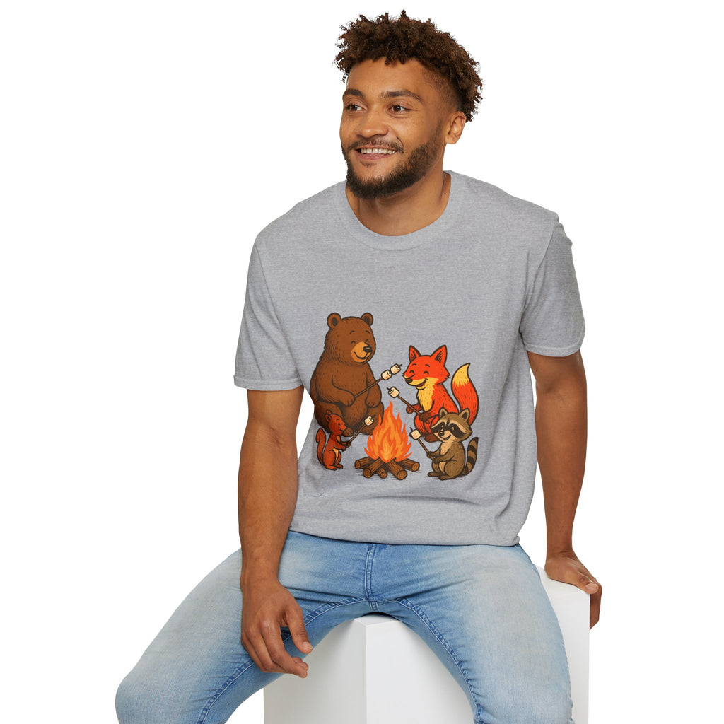 Campfire S'more Woodland Friends T-Shirt — Teens & Adults— Bear, Fox, Squirrel & Raccoon Roasting Marshmallows Graphic Tee