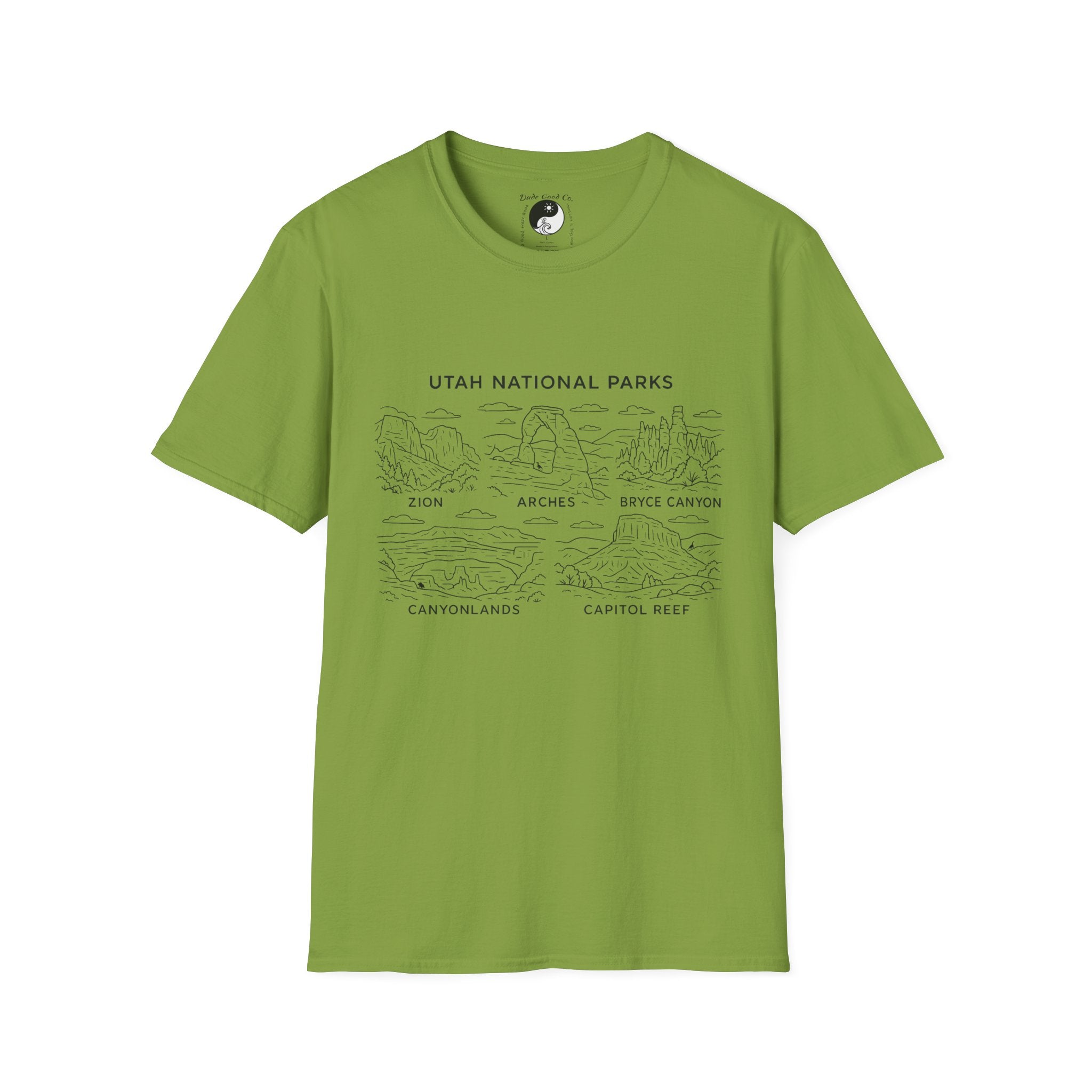 Utah Big 5 National Parks Tee--Teen/Adult Sizes S-5X:  Zion, Arches, Bryce Canyon, Canyonlands, Capitol Reef Line Art T-Shirt