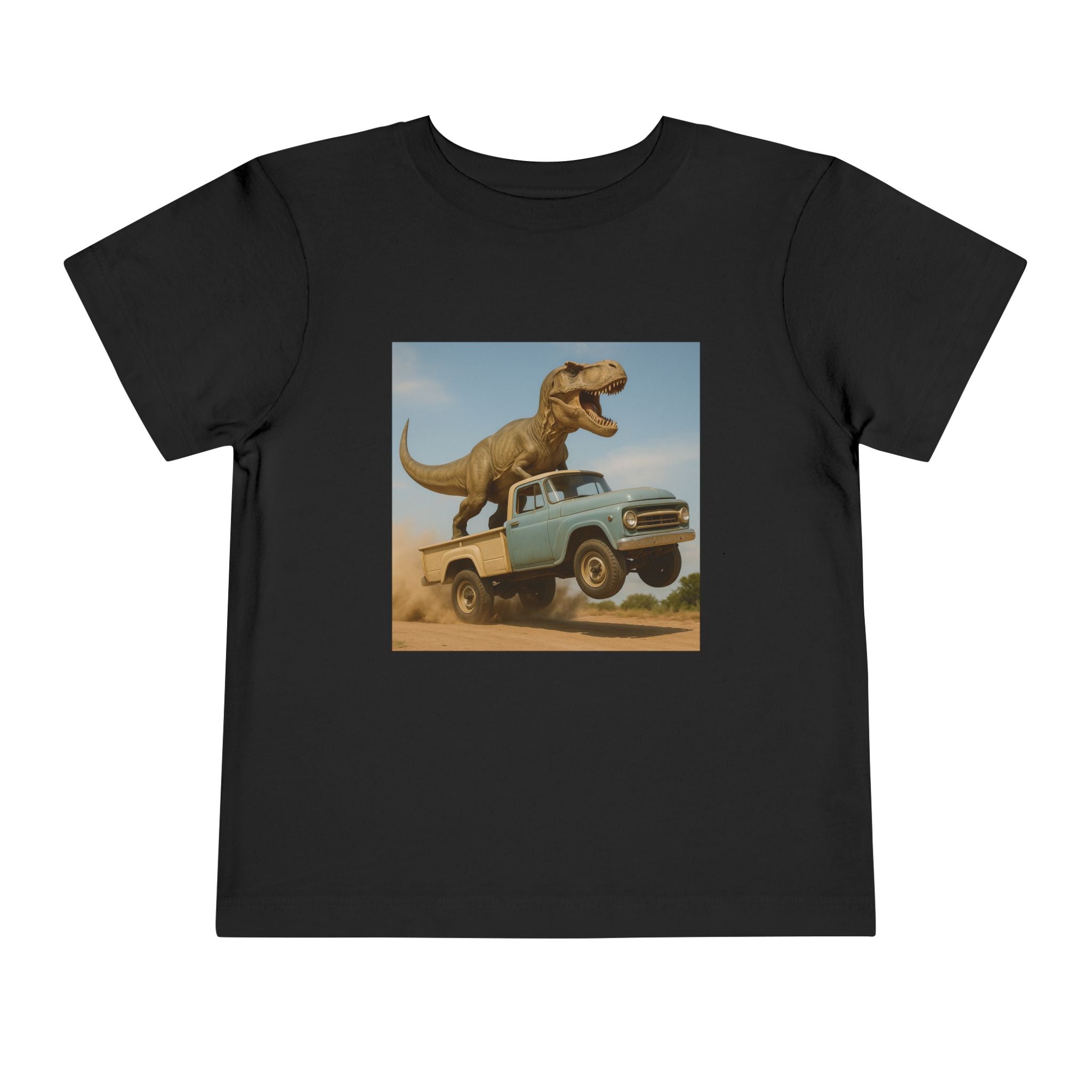 2T-5T T-Rex Riding Vintage Pickup Adventure T-shirt— Dino Imagination Graphic Shirt