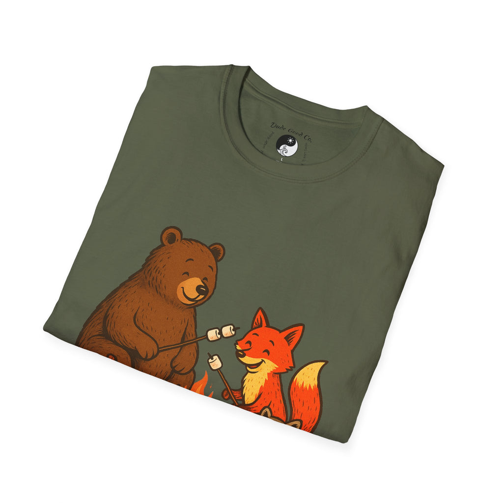 Campfire S'more Woodland Friends T-Shirt — Bear, Fox, Squirrel & Raccoon Roasting Marshmallows Graphic Tee—Mens/Older Teen Boy